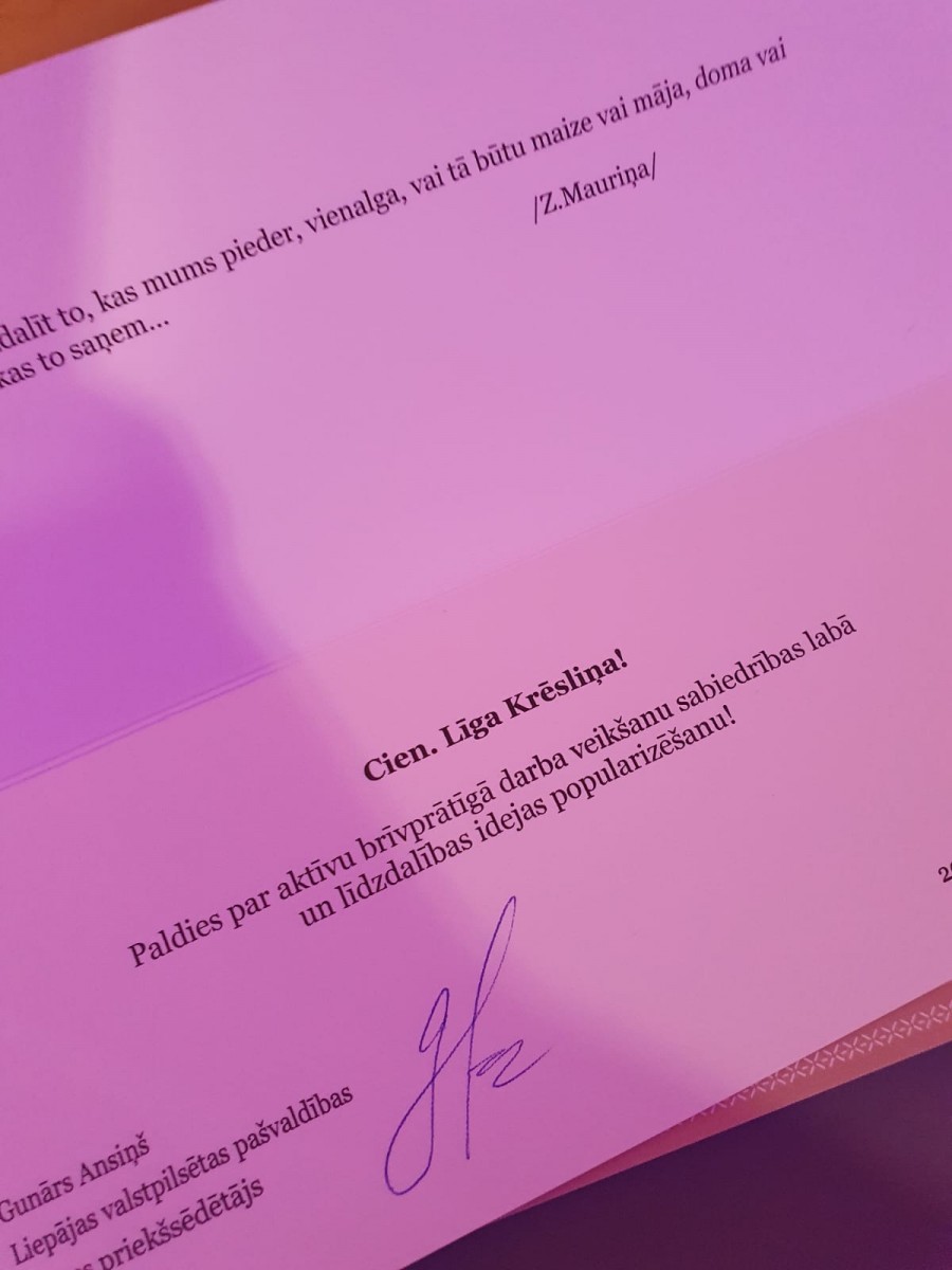 Liepājas pašvaldība izsaka pateicību Informācijas centram iebraucējiem un tā darbiniekiem | Patvērums Drošā Māja